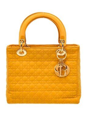 Christian Dior Vintage Cannage Medium Lady Dior Yellow Nylon Bag